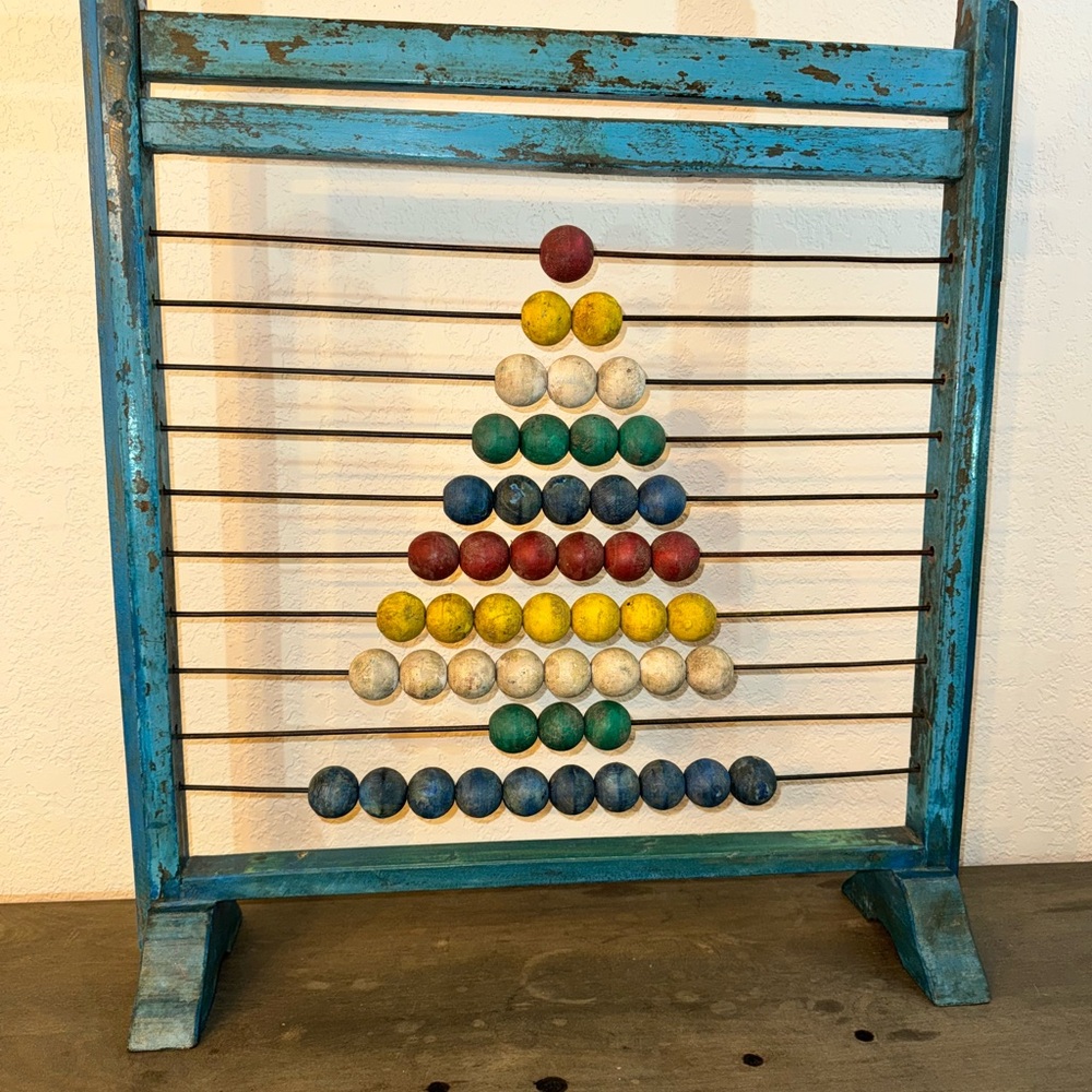 Vintage / Antique Large Wooden Floor Abacus Blue W/ Tree Beads 27” Tall